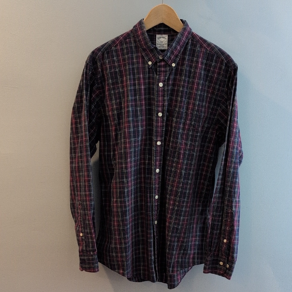 Brooks Brothers Men's Large Slim Fit All Cotton Plaid Button Down Shirt
